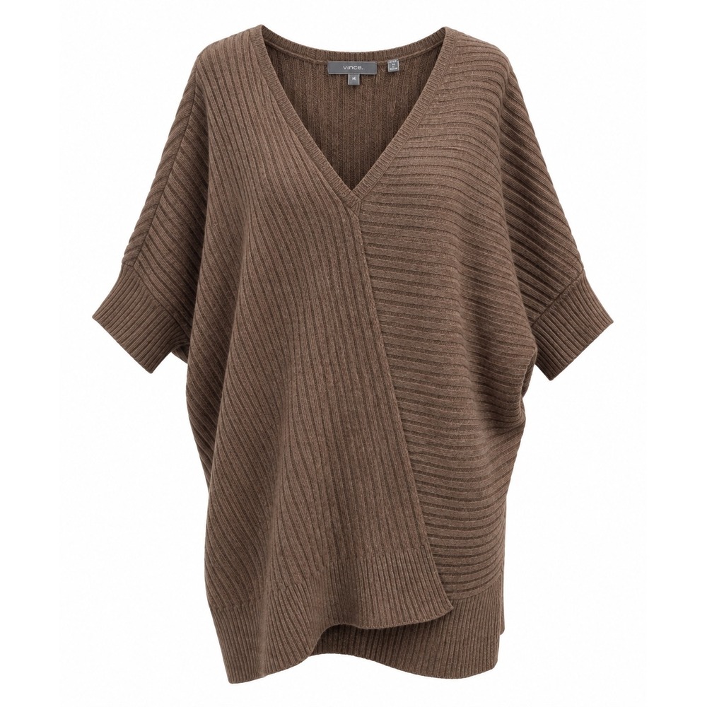 Vince Batwing Cocoon Sweater Brown Yak Wool Ribbed V-Neck Draped Front M